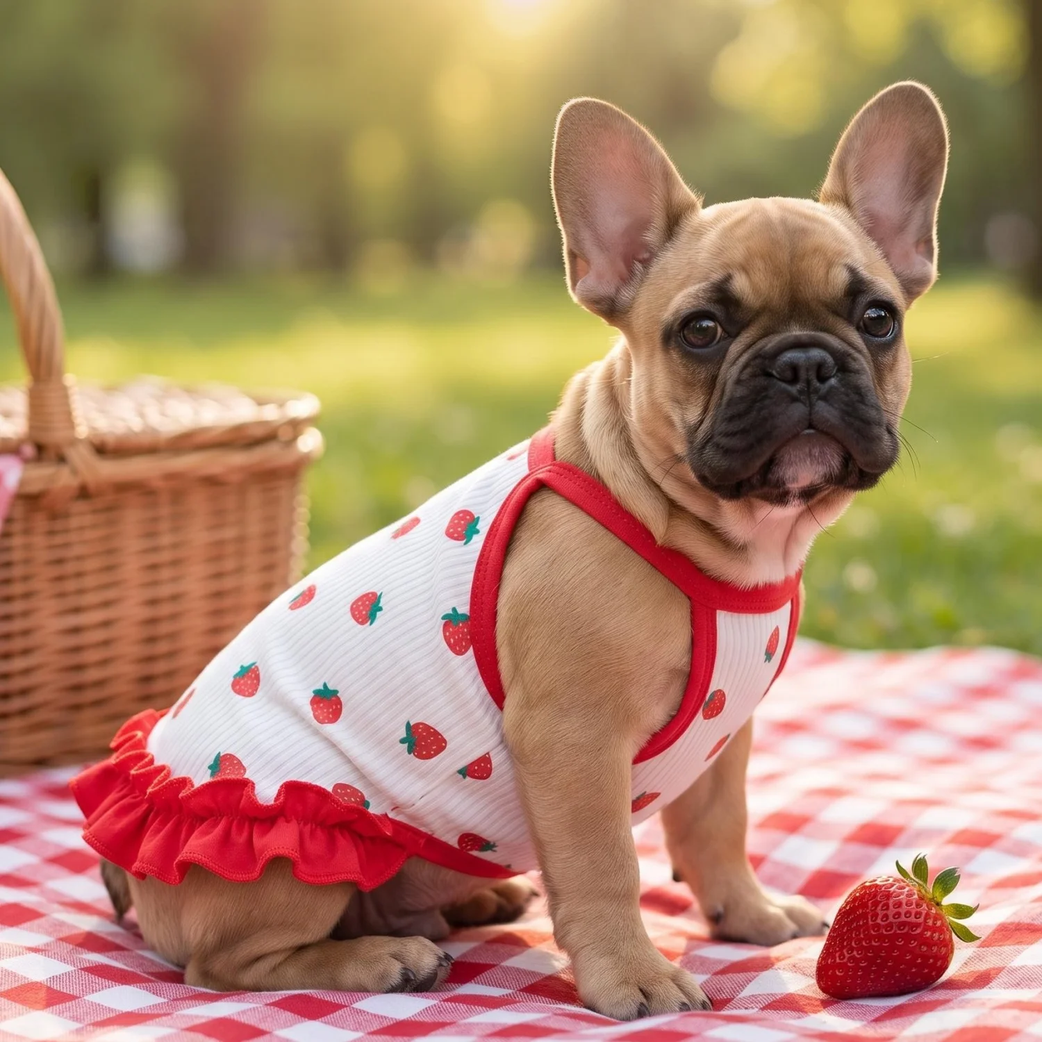 Cute Strawberry Print Pet Vest Summer Breathable Dog Suspender Sling with Red Ruffle Hem Soft Elastic Small Dog Cat Clothes view 3