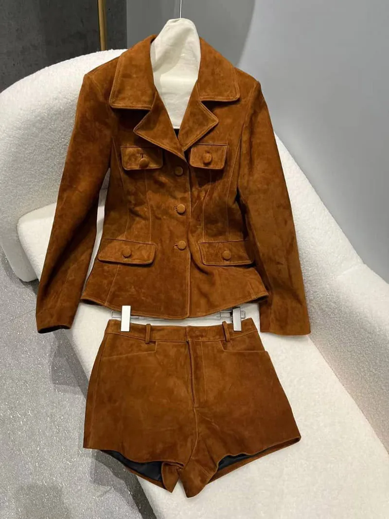 Genuine Suede Leather Clothing Women Spring Autumn Classic Style Vintage Strap design Sheepskin Tight Jacket Coat