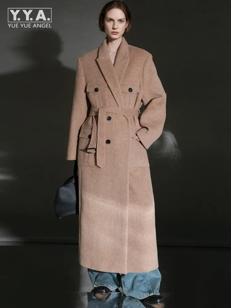 

Женское офисное модное осенне-зимнее шерстяное пальто с отложным воротником и поясом, повседневное пальто с широкой талией, двубортное длинное пальто