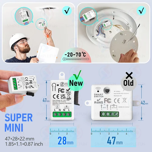 Imagen 2 del producto Mini interruptor de luz inteligente RF, 110V, 220V, 230V, interruptor de pared inalámbrico de autoalimentación, sin soporte de batería, configuración de estado de restauración de energía