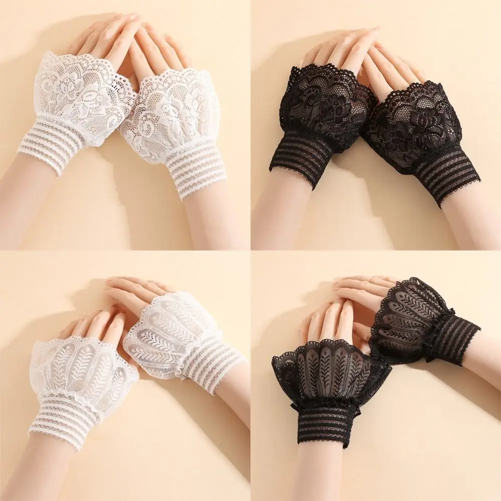 

1 Pair Versatile Elegant Fake Cuffs Detachable Solid Color False Cuffs Thin Embroidery Pattern Lace Sleeves For Women