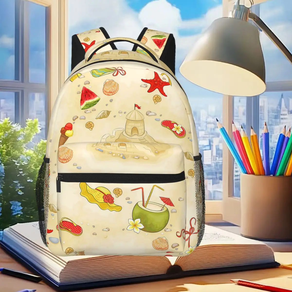

Beach Coconut Sandcastle Pattern Backpack Student Boys Girls BookBag Kids School Bag Laptop Shoulder Bags for Men Women