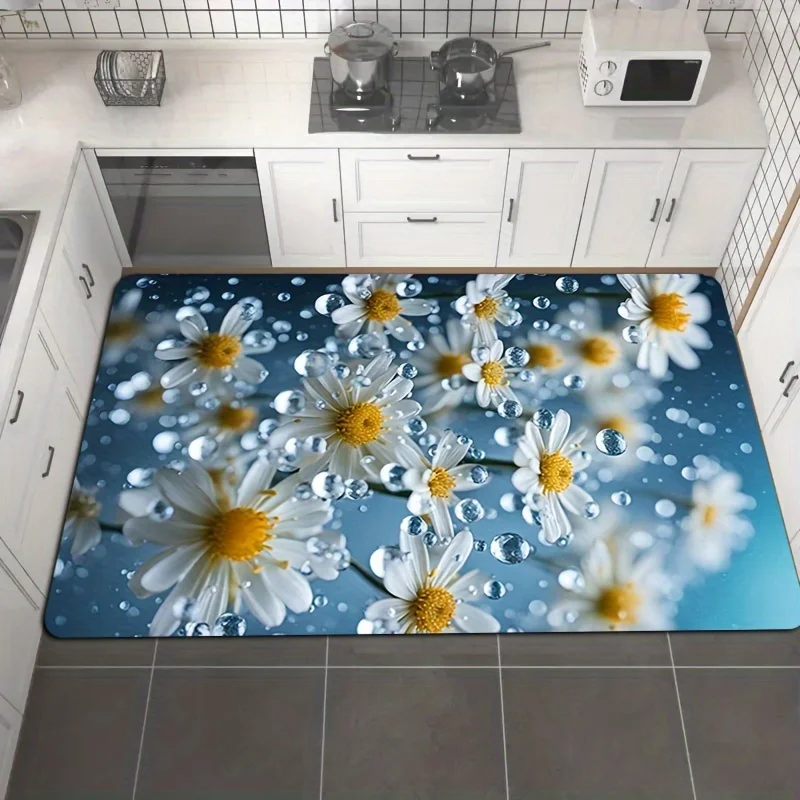 3D Daisy Flower Kitchen Runner Rug, Realistic White Chamomile with Water Droplets Non-Slip Absorbent Floor Mat for Entryway