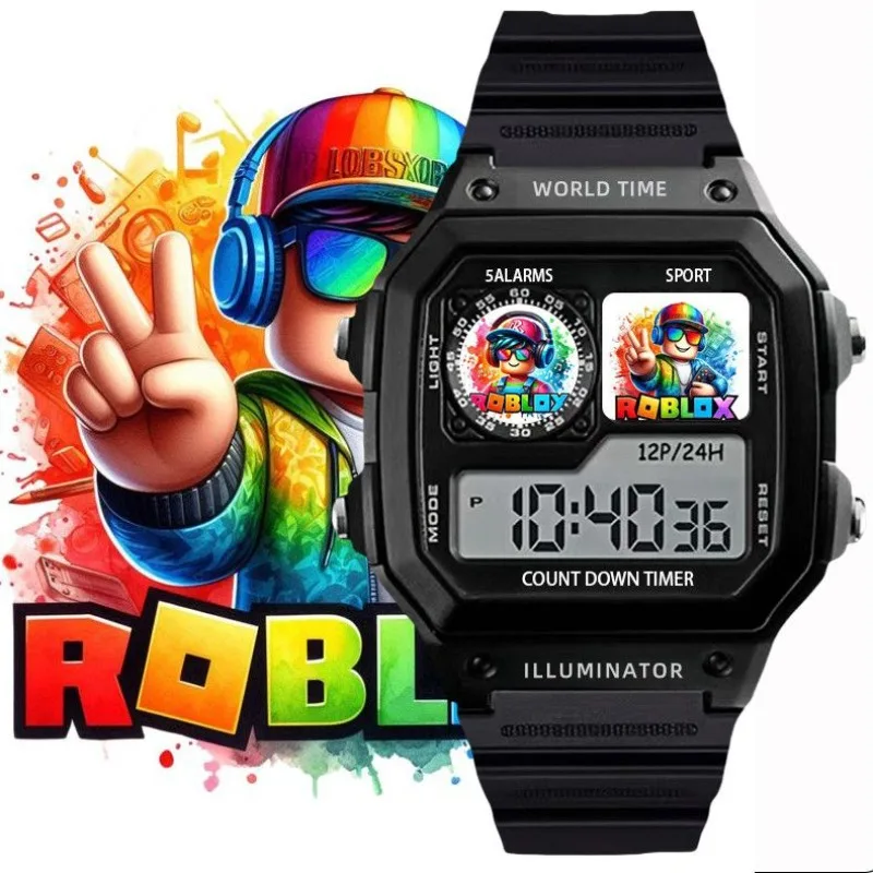 Game ROBLOX Creative Peripheral Cartoon Children's Black Silver Digital Waterproof Watch Gift Watch Decoration Daily Necessities