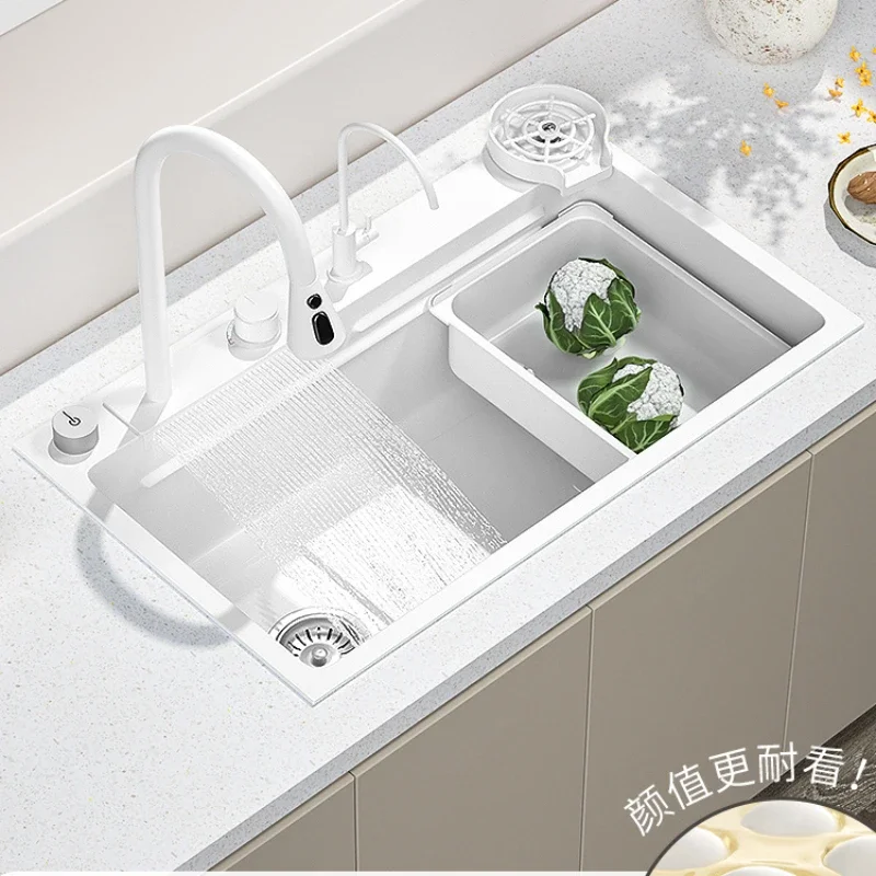 Sink Nano Stainless Steel Kitchen Household Large Single Sink White Washing Basin Left Side Water