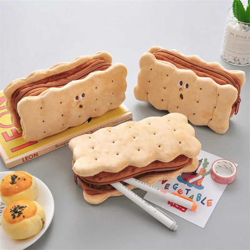 Kawaii Pencil Case High Capacity Plush Cookies Pen Bags Cartoon Brown Pen Box Girls Office School Supplies Stationary