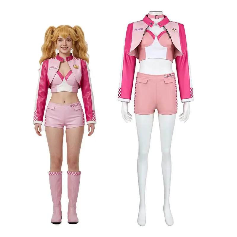 Anime Princess Peach Cosplay-Kostüm für Damen, rosa Leder-Rennanzug, Oberteil, Shorts, Outfit, Anime-Uniform, Karnevalskleidung