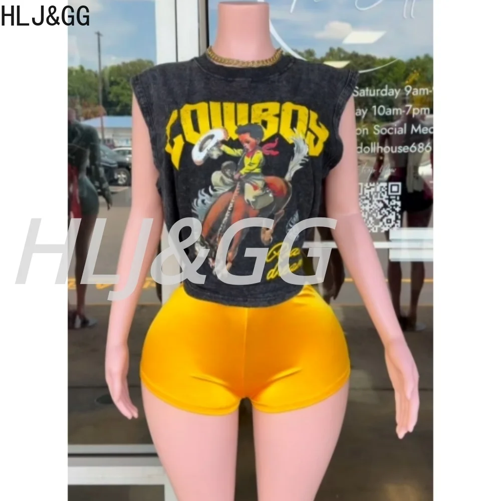 

HLJ&GG Trend Vintage Pattern Print Tshirts Two Piece Sets Women O Neck Sleeveless Slim Top And Shorts Outfits Fashion Streetwear