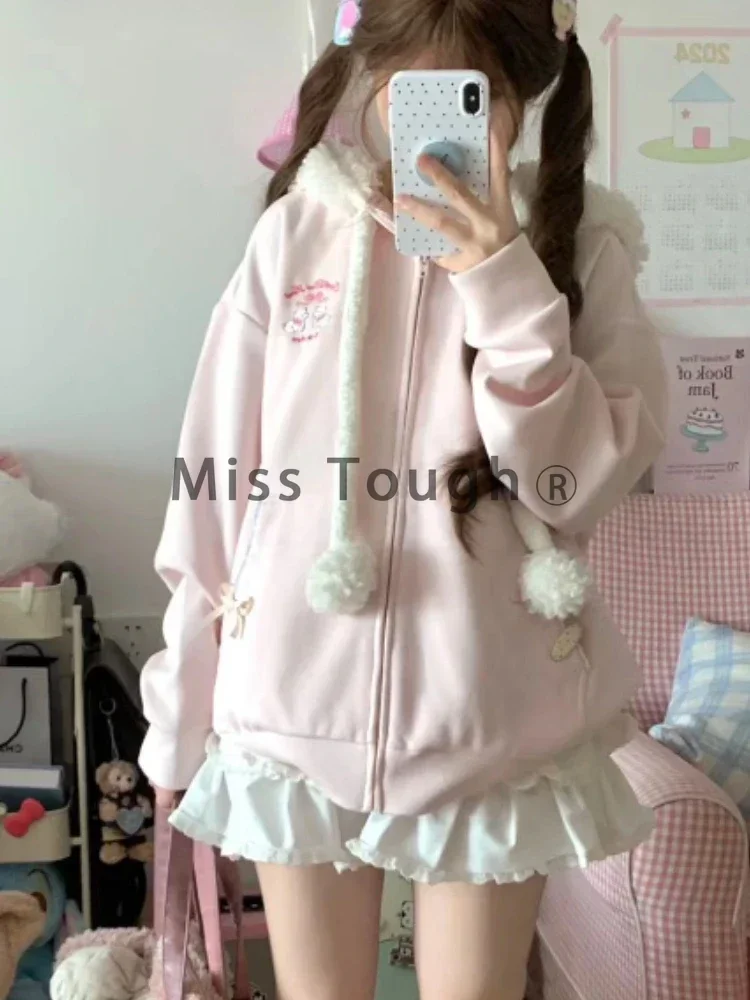 Autumn Kawaii Sweet Long Sleeve Loose Coat Women Japanese Cute Zipper Embroidery Hoodie Female Winter Chic Solid Lovely Overcoat