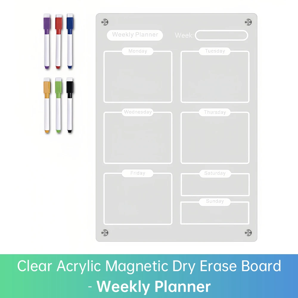 Clear Acrylic Magnetic Dry Erase Board Weekly Planner 8.27x11.7in Writing Board Fridge Reusable Planner 6 Color Magnetic Markers