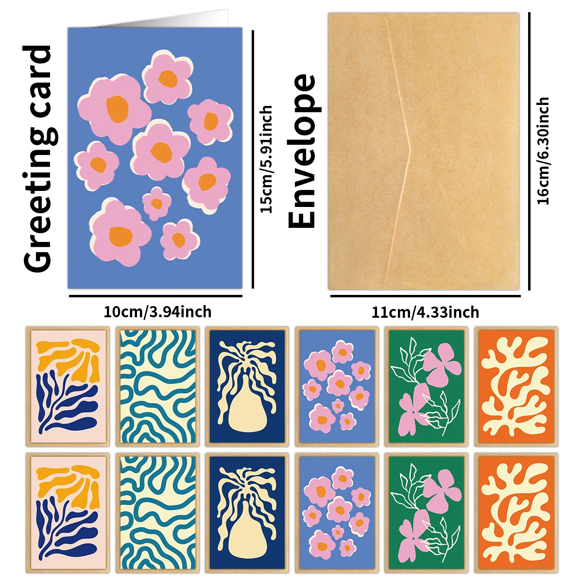 12 Stück abstrakte Linienkunst-Grußkarten mit Umschlägen – Blumenmuster, Welle, Vasen-Design, leere Karten für Geschenke, Geburtstag, Hochzeit, Danke – Detail 2
