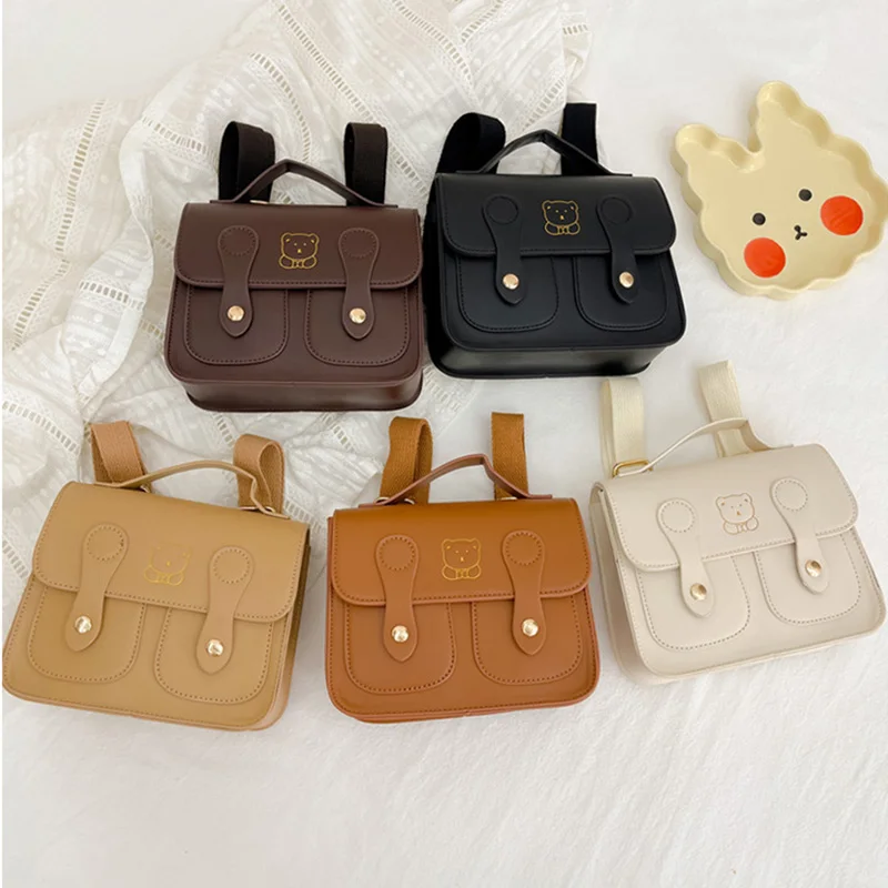 Fashion Kids Backpack Cute Bear Children Girls Boys School Bag Pu Leather Vintage Korean Baby Backpacks Kids Bags 5 Colors