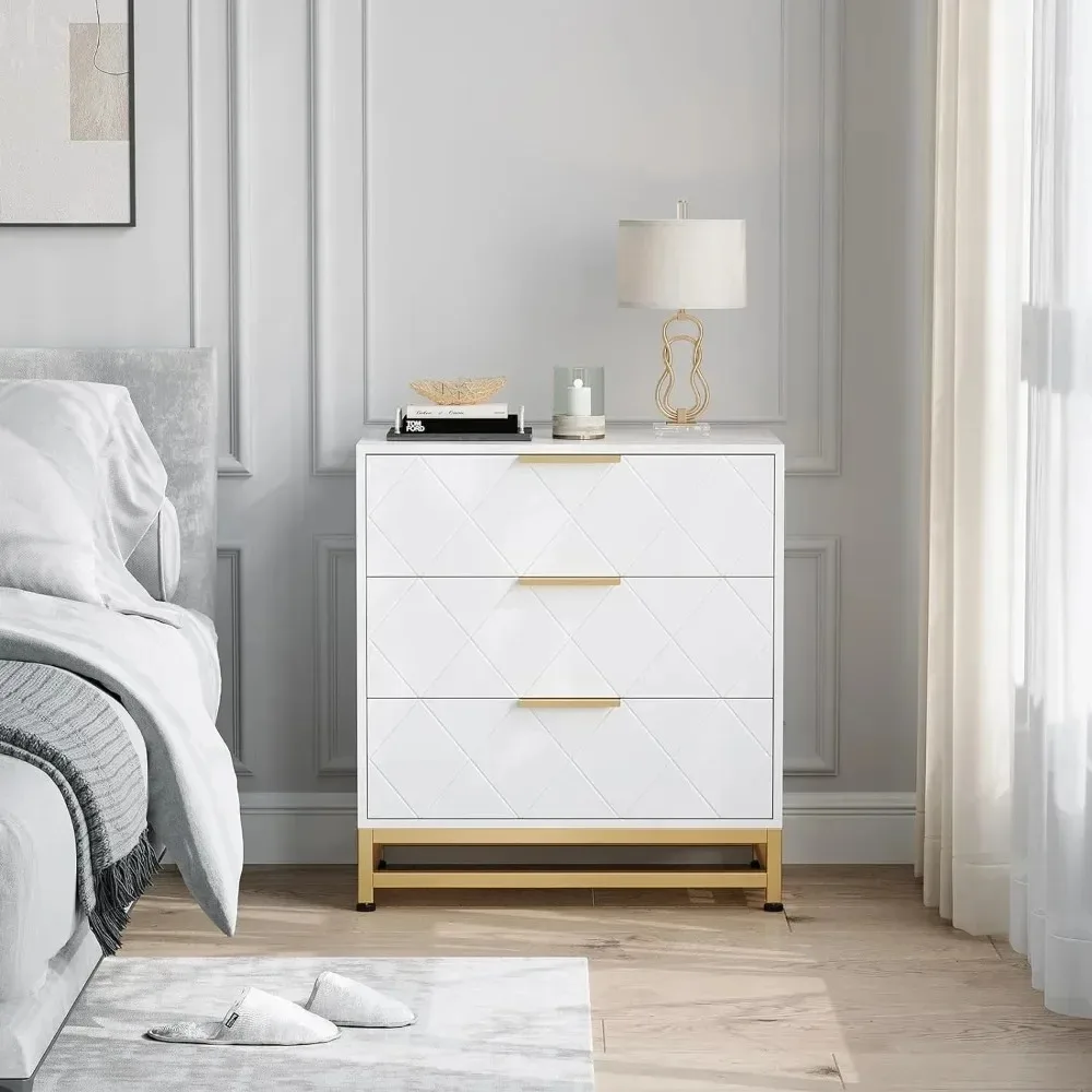 Dresser for Bedroom with 3 Drawer, Modern Dressers Chest of Drawers, with Wide Drawers and Metal Handles, Wood Dressers, White