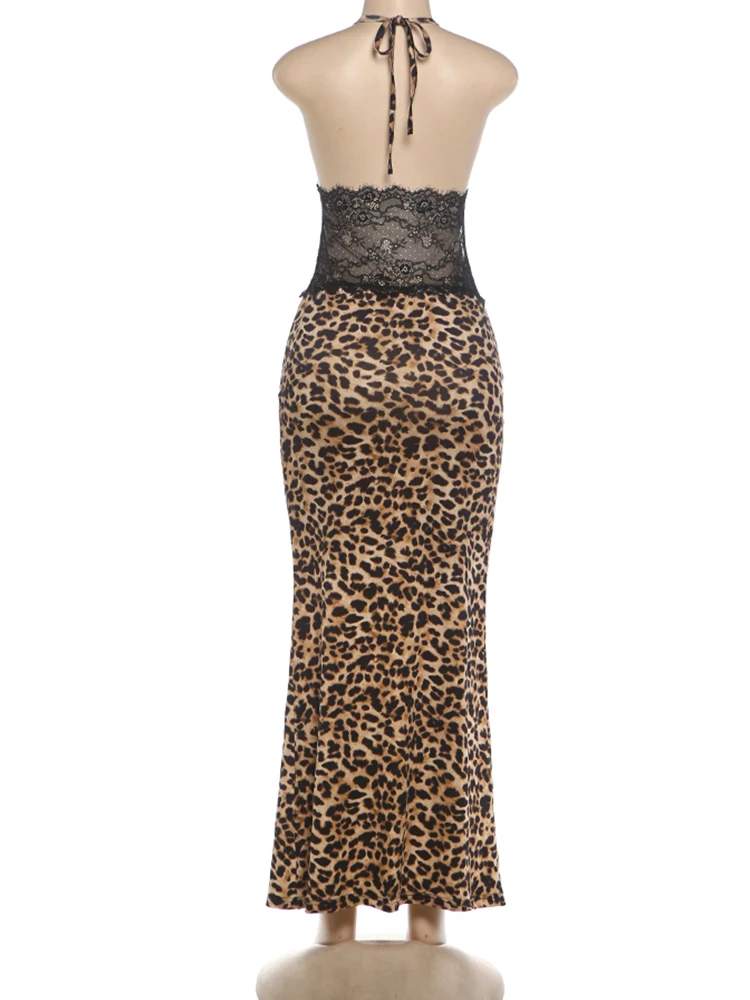 Weird Puss Spitzen-Patchwork-Kleid für Damen, Leopardenmuster, rückenfrei, Neckholder, Bandagen, ärmellos, sexy, für Partys, Streetwear, Maxi, figurbetont – Detail 6