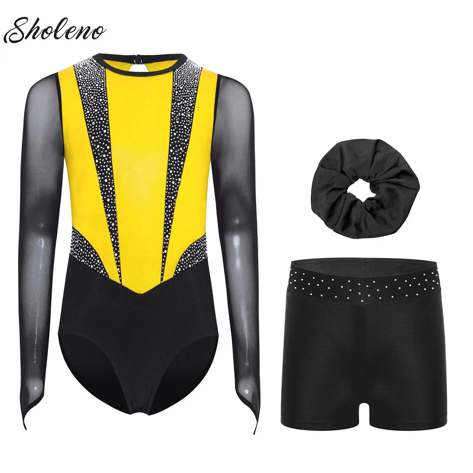 أطفال بنات الجمباز جيرسي الزي لامع كم طويل بذلة المراهقين الشكل التزلج الباليه ملابس رقص الجمباز مع السراويل أغطية الرأس