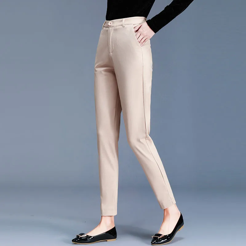 

Khaki Casual Work Pants For women Spring And Autumn Smoke Pipe Pants Slim Straight Trousers Large pants Coffee Stretch Fabric