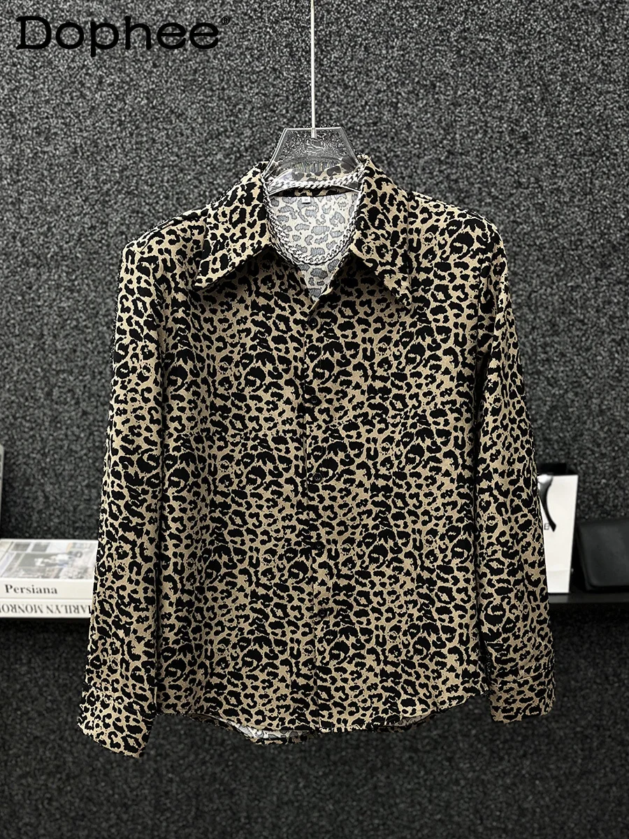 2024 Autumn New Leopard Print Long-sleeve Shirts Men's Versatile Design Thick Shirt Loose Comfort Casual Shoulder Padded Tops