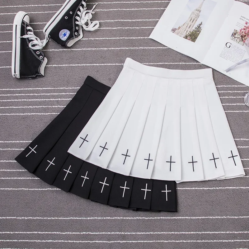 Wanita Harajuku Manis Perasaan Segar High Waist Lipit Rok Pinggang Elastis Cross Bordir Rok Lipit Rok