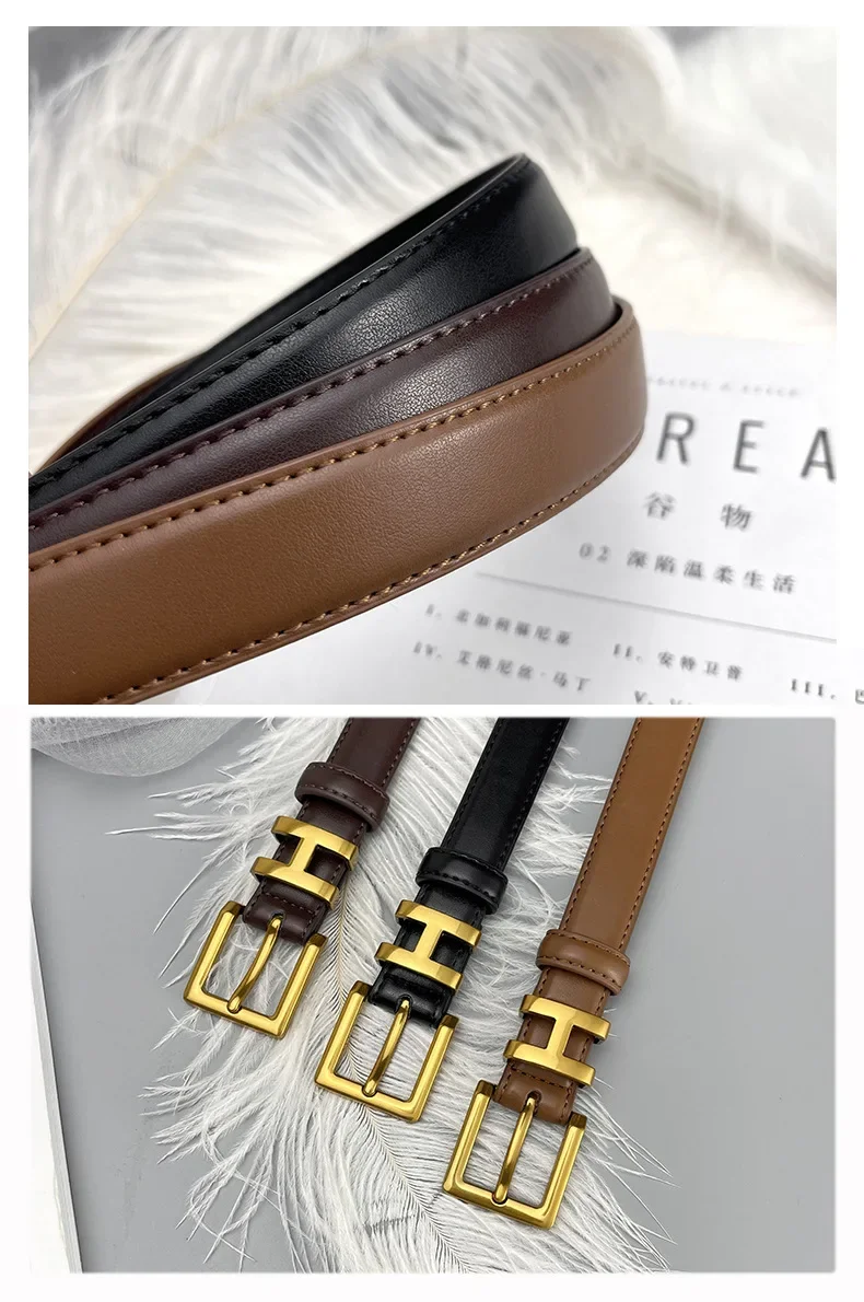 เข็มขัดหนังแท้ของผู้หญิง Golden Letter หัวเข็มขัดโลหะหรูหราแฟชั่นสบายๆ 2.3 ซม.เข็มขัดสําหรับกางเกงยีนส์ชุด