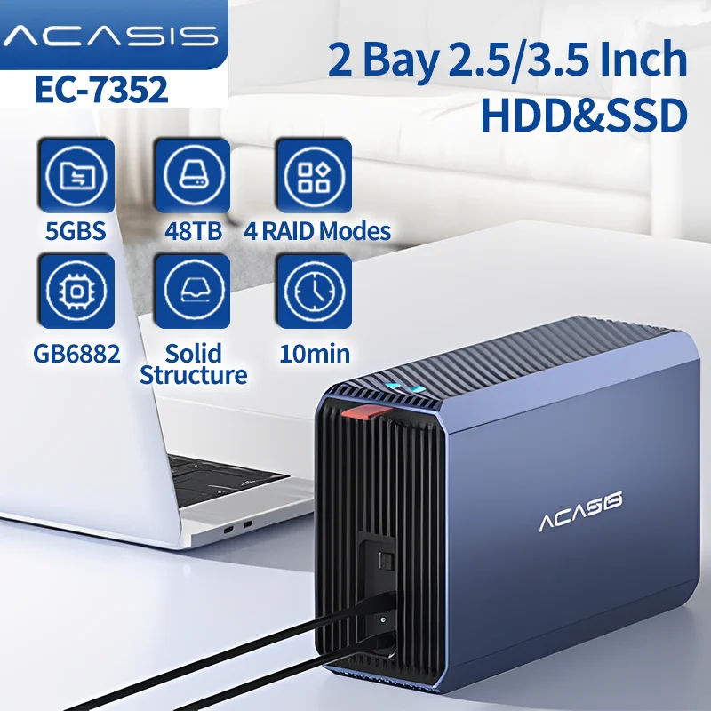 Acasis 2 Bay 2.5/3.5 Inch HDD&SSD External Hard Drive Enclosure Case 48TB 5Gbps 4RAID Array Modes 10 min Sleep Silent Fan