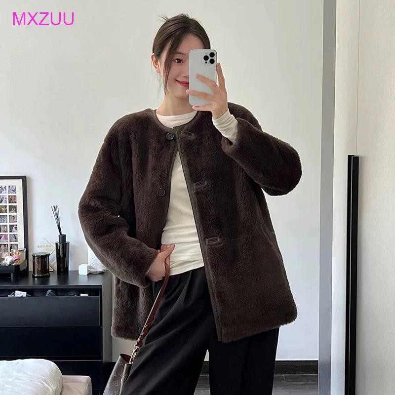 

New Winter Clothes Women Genuine Leather and Fur Coat Off-White O-Neck Single Breasted Loose Slim Simple Short Lamb Fur Jacket