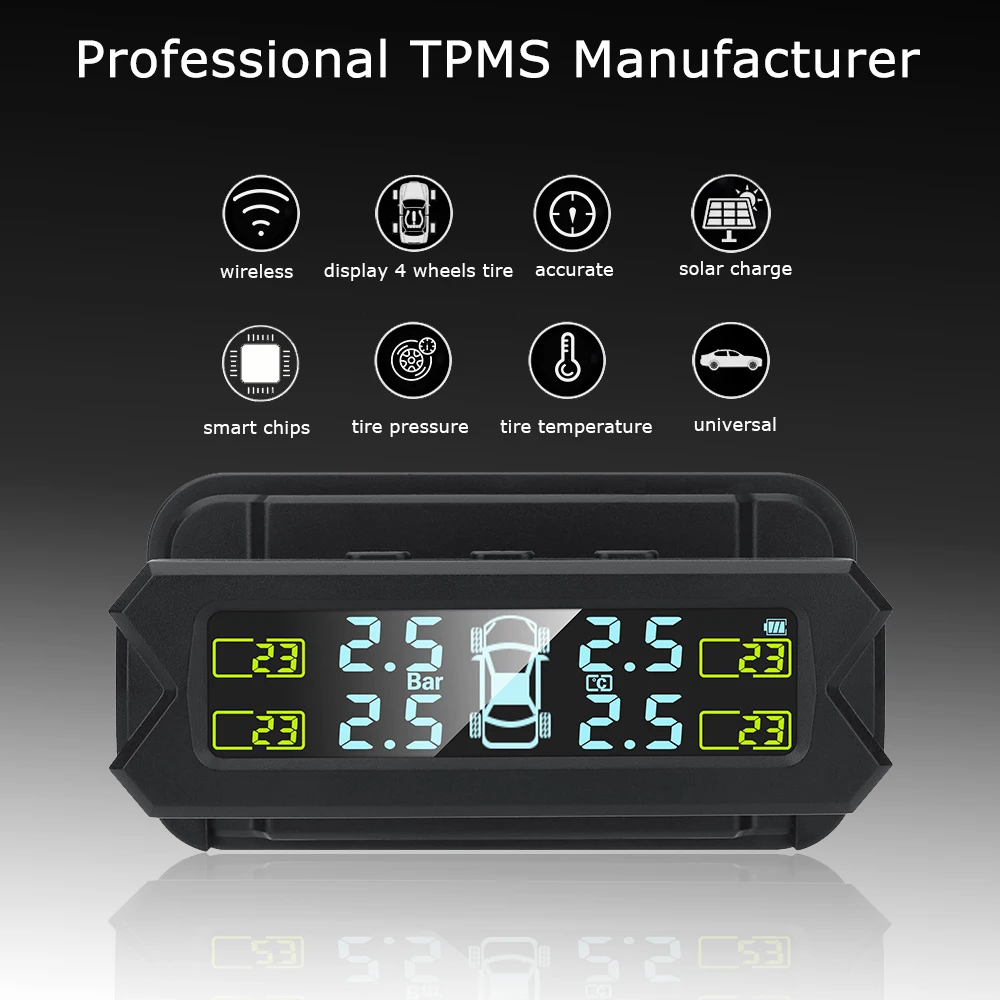 

Интеллектуальная автомобильная система контроля давления в шинах TPMS, солнечный цифровой ЖК-дисплей, система сигнализации о давлении температуры в автомобильных шинах