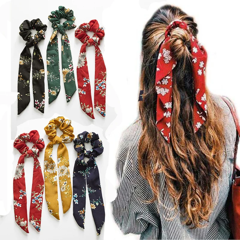 Nowa elastyczna opaska do włosów wstążka szalik z kokardą słodki nadruk Scrunchie damskie gumowe gumki do włosów dziewczęce akcesoria do włosów