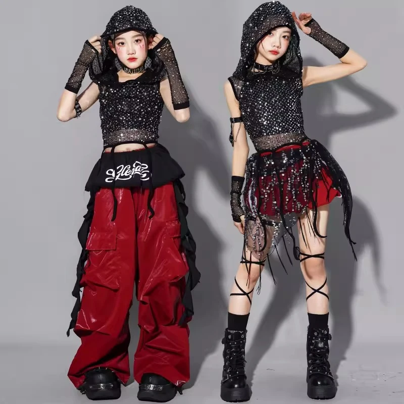 

Комплект одежды для уличных танцев для девочек: блестящий жилет с пайетками в стиле K-pop, топ с капюшоном, брюки карго, уличный костюм для групповых выступлений, хип-хоп, джаз, сценическая одежда