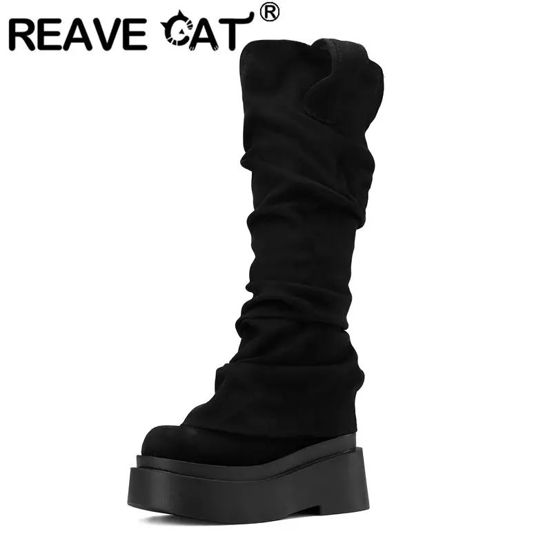 

REAVE CAT Женские сапоги до колена в стиле вестерн из флока, замши, толстые каблуки, 8,5 см, платформа 5,5 см, без шнуровки, плиссированные, большой размер US13 43 44, модная Bota