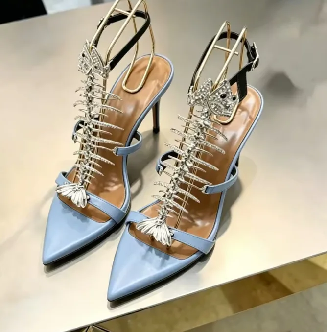 Bling Rhinestone Fish Bone Pointed Toe Fashion Lady Summer Sandals Stiletto High Heels Buckle Strap Design Large Size Shoes view 2