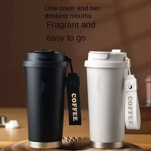 Portable Insulated Coffee Mug 316 Stainless Steel Liner With Carry Strap Leakproof Flip‑top Lid Thermal Water Cup For Outdoor Co