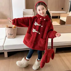 Autumn Winter Children Girl Jackets Rabbit Button Fleece Hooded Baby Girl Outerwear Coat Solid Long Sleeve Warm Little Girl Coat