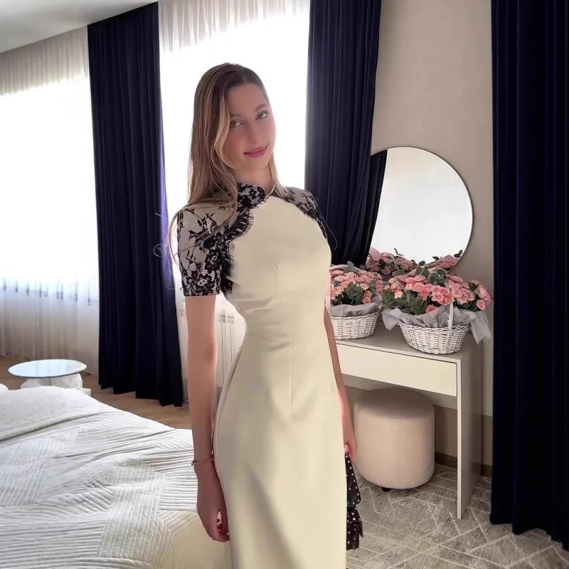 

2025New Winter Vintage Soft Elegant Short Sleeve Long Dress Slim Fit Dress