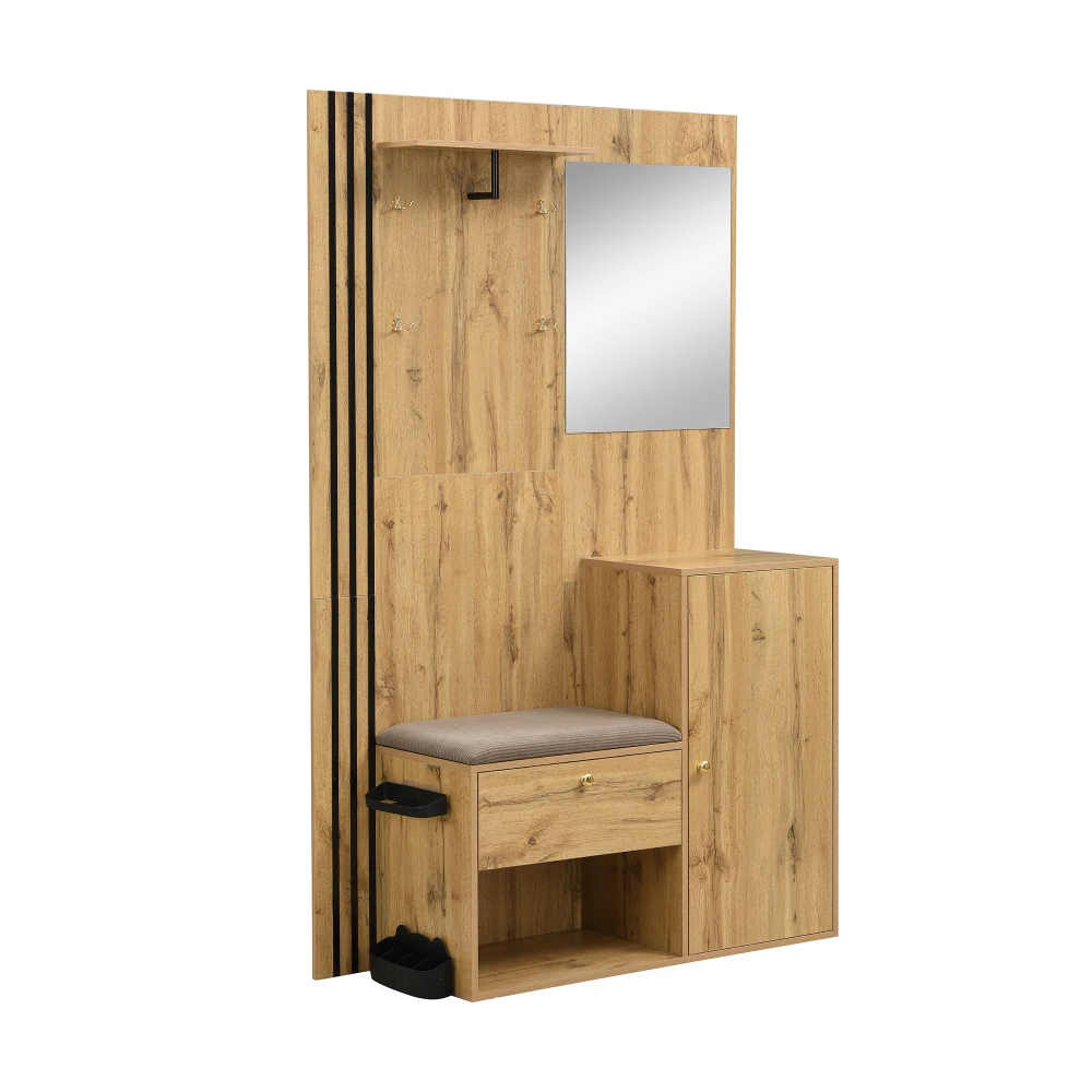 Kleiderschrank-Set, kompakter Flur-Kleiderschrank mit Spiegel und Kissen mit schwarzem Zierstreifen, Regal, Flur-Kleiderschrank, Schuhschrank – Detail 26
