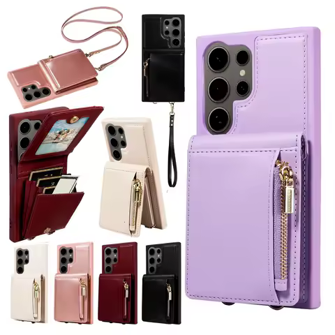 Lanyard Strap Zipper Wallet Case Kickstand Leather Case For for Samsung Galaxy S25 Plus S24 S23 Ultra S22 A13 A04S Back Cover