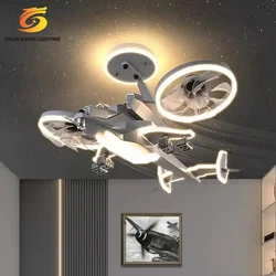 Smart Remote Control Designer Modern Aircraft Helicopter Children Room Led Ceiling Fan Light