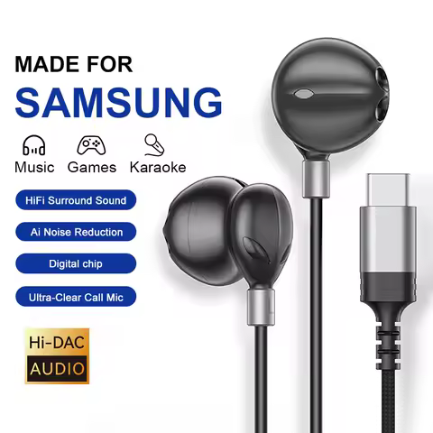 Type-C Wired Headphones For Samsung Galaxy S25 S24 S23 S22 21 Ultra Plus 3.5MM in-Ear Headphone HiFi Bass Stereo Gaming Earphone
