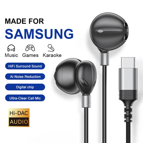 Auriculares con cable tipo C para Samsung Galaxy S25 S24 S23 S22 21 Ultra Plus, intrauditivos de 3,5 MM, auriculares estéreo de graves HiFi para videojuegos