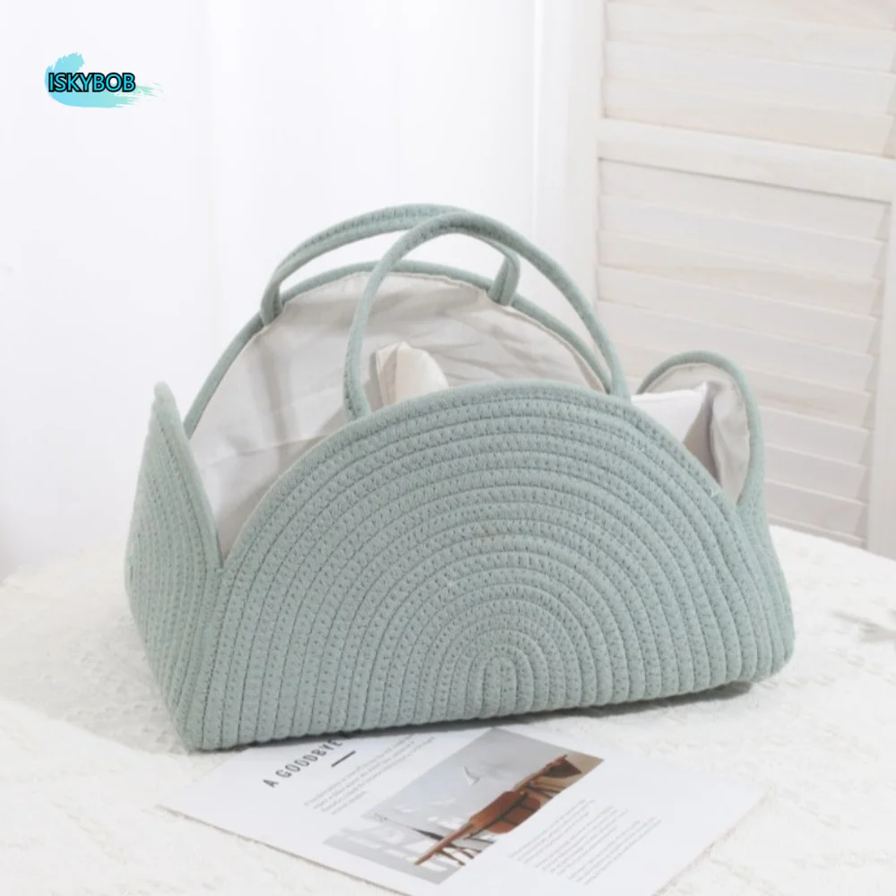 

Portable Multifunctional Baby Diaper Bag Large Capacity with Handle Woven Basket Folding Cotton Rope Mommy Handbag Travel Tote