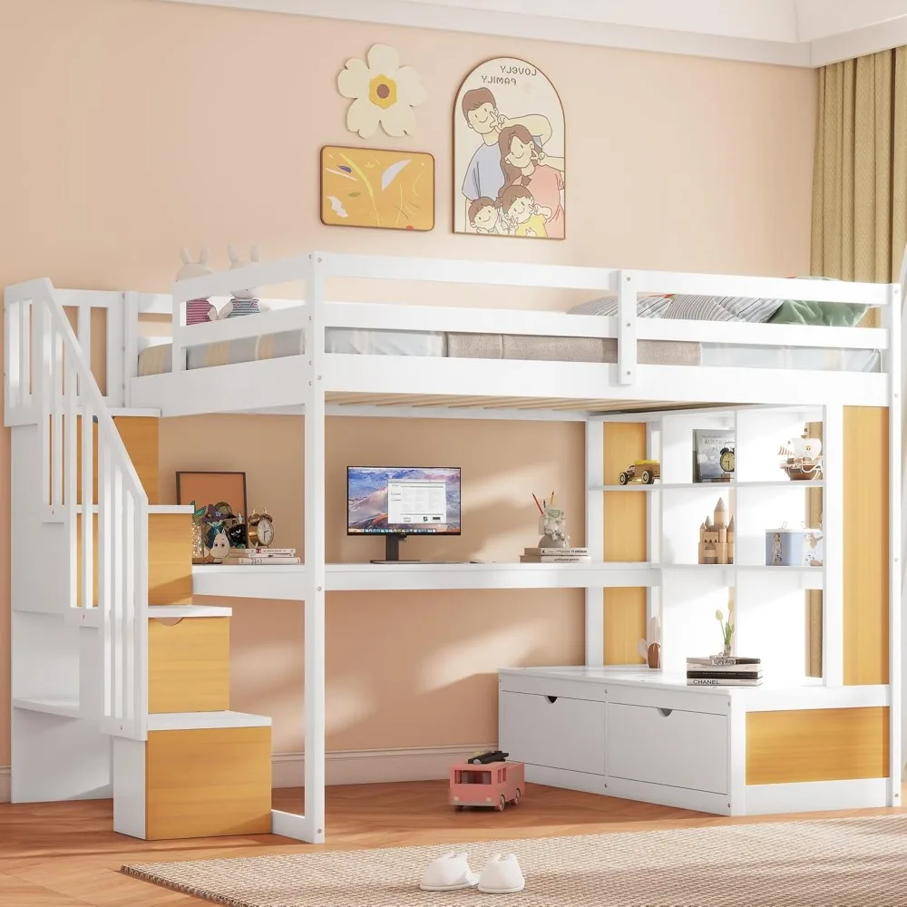 

Harper & Bright Designs Full Size Loft Bed with Desk and Shelves, Two Built-in Drawers, Storage Staircase, White and Natural