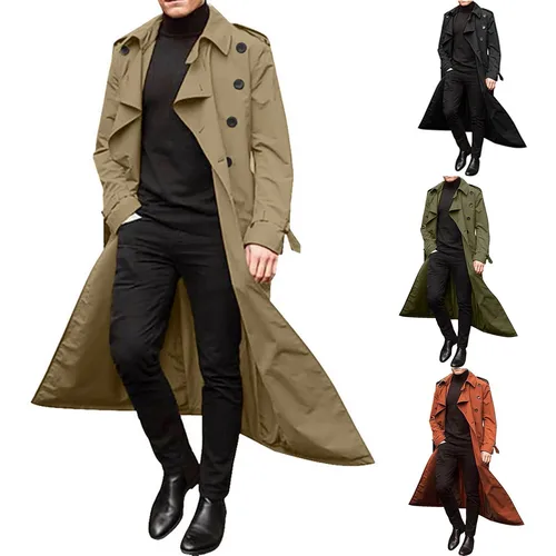 Imagen 2 del producto Cortavientos para hombre, gabardina Extra larga de manga larga para primavera y otoño, gabardina clásica de tendencia con doble botonadura y temperamento de Color sólido
