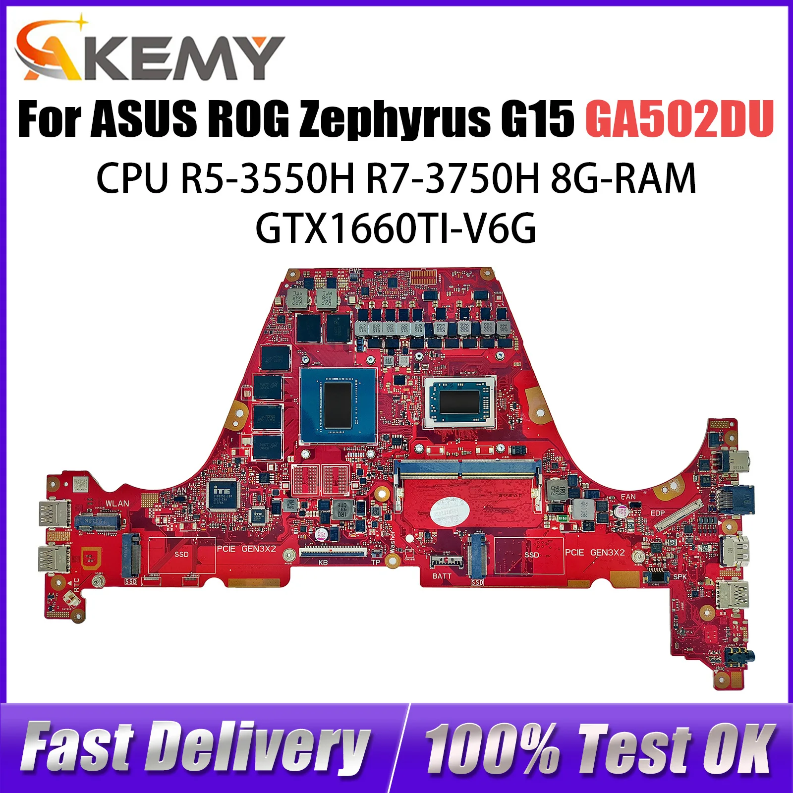 

GA502DU Laptop Motherboard For ASUS ROG Zephyrus G15 GA502D Mainboard 8G RAM R5-3550H R7-3750H GTX1660TI-V6G OK TEST