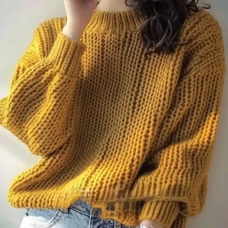 

Solid Color Pullover Round Neck Fashionable Yellow Sweater Autumn and Winter Women's Retro Knitted Bottoming Top