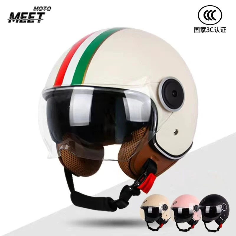 

Retro Motorcycle with Dual Lens Leather Helmet for Man Electric Motorbike Vintage Protected Motor Safety Cap 3/4 Summer Retro
