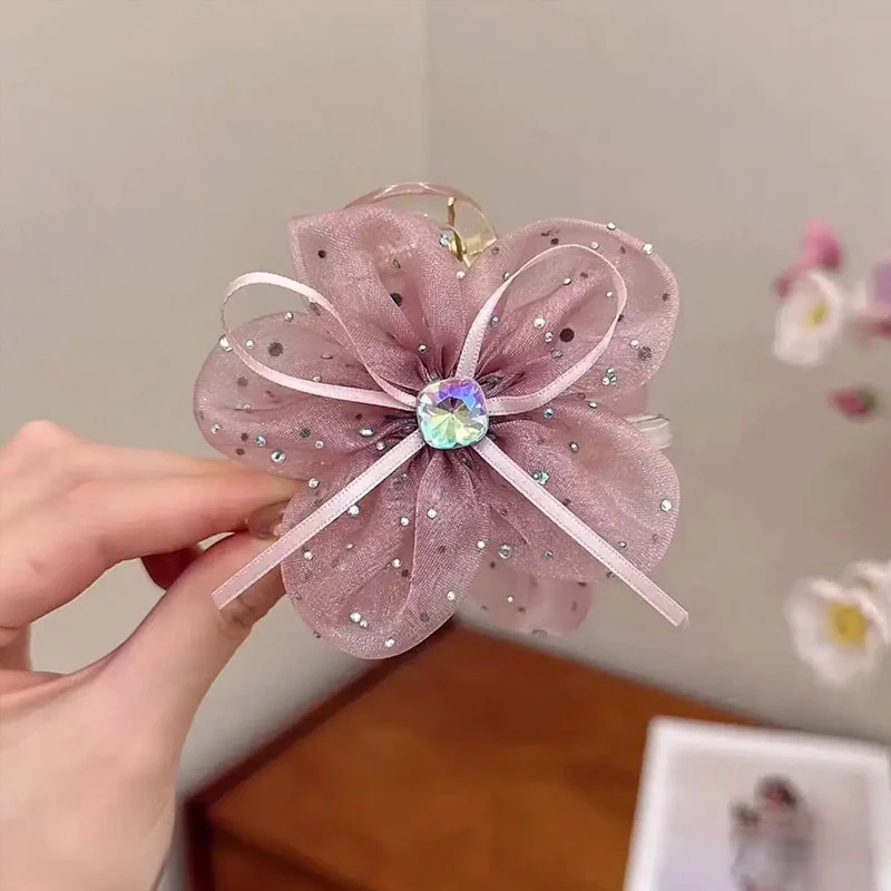 Bowknot Mesh Ribbon Flower Shark Clip Temperament Versatile Shark Clip Rhinestone Hairpin Ponytail Clip Hair Accessories