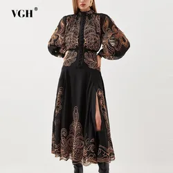 VGH Patchwork Single Breasted Split Dress For Women Stand Collar Long Sleeve Hollow Out Hit Color Long Dresses Female Fashion