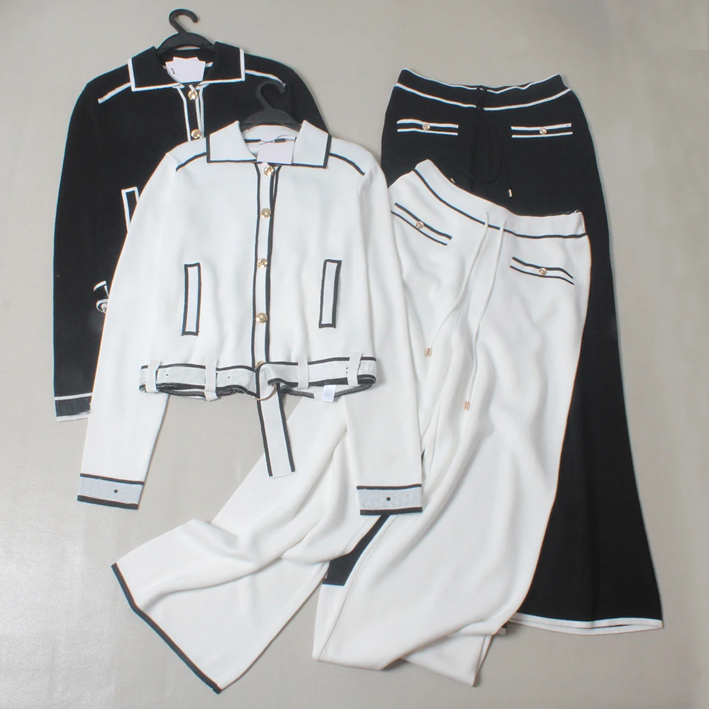 

2025 New Ladies Fashion Knitted Set Collar Long Sleeve Top Long Pants Two-Piece Suit American Style Spring Autumn Wear