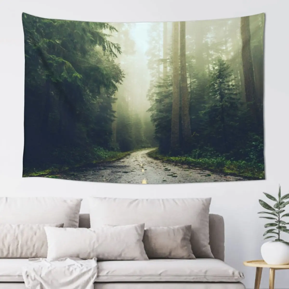 Green Forest Fog Road Wanderlust - California Redwoods Road Trip Tapestry Room Decor Aesthetic Wall Decorations Tapestry