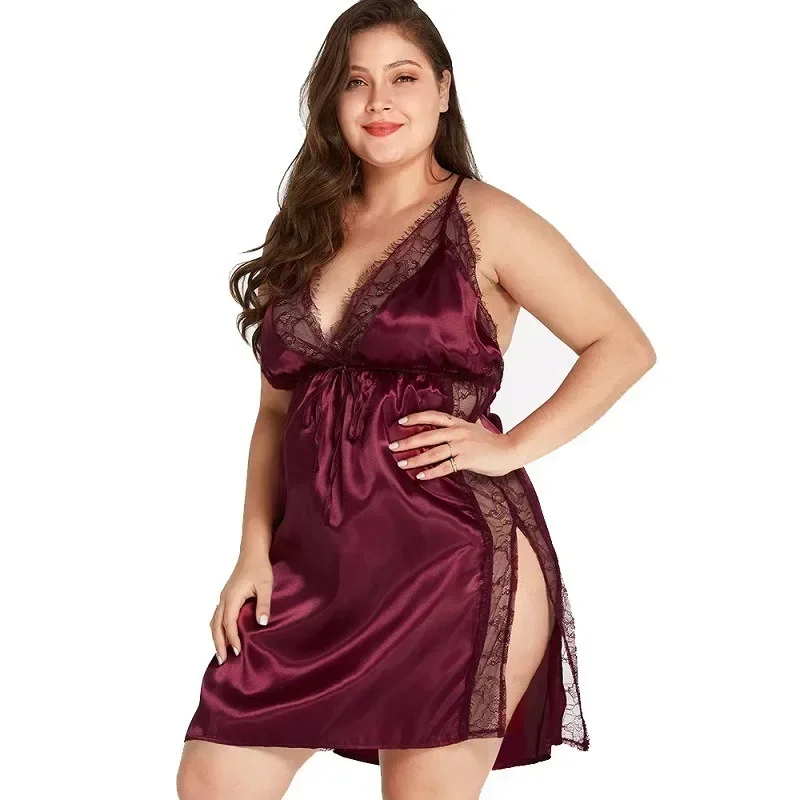 

Sexy Nighties Lingerie Lace Inserted Strappy Nightdress Set Plus Size Girls Women's Pajamas with Panties 2PCS Dresses Clothes