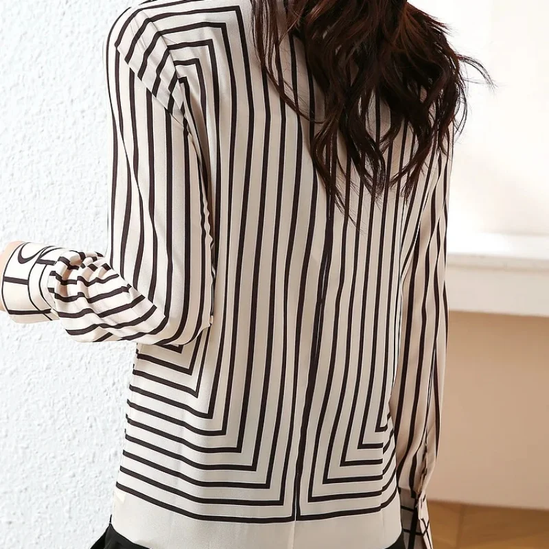 Stripe Print Women Blouse Fashion O-Neck Long Sleeve Vintage Tops Office Lady Elegant Shirt Casual Loose Clothing